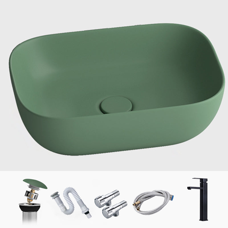 Modern Vessel Lavatory Sink Rectangular Porcelain with Faucet and Pop-Up Drain Basin Sink 18.1"L x 13"W x 5.3"H Green Sink with Faucet Clearhalo 'Bathroom Remodel & Bathroom Fixtures' 'Bathroom Sinks & Faucet Components' 'Bathroom Sinks' 'bathroom_sink' 'Home Improvement' 'home_improvement' 'home_improvement_bathroom_sink' 6952316