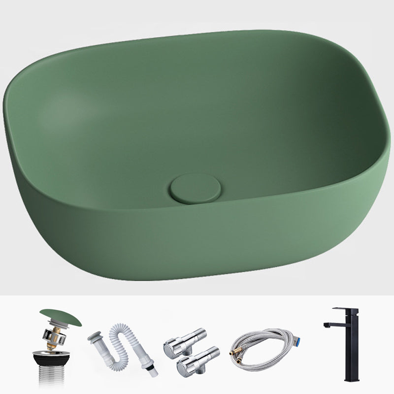 Modern Vessel Lavatory Sink Rectangular Porcelain with Faucet and Pop-Up Drain Basin Sink 19.7"L x 15.7"W x 6.1"H Green Sink with Faucet Clearhalo 'Bathroom Remodel & Bathroom Fixtures' 'Bathroom Sinks & Faucet Components' 'Bathroom Sinks' 'bathroom_sink' 'Home Improvement' 'home_improvement' 'home_improvement_bathroom_sink' 6952330