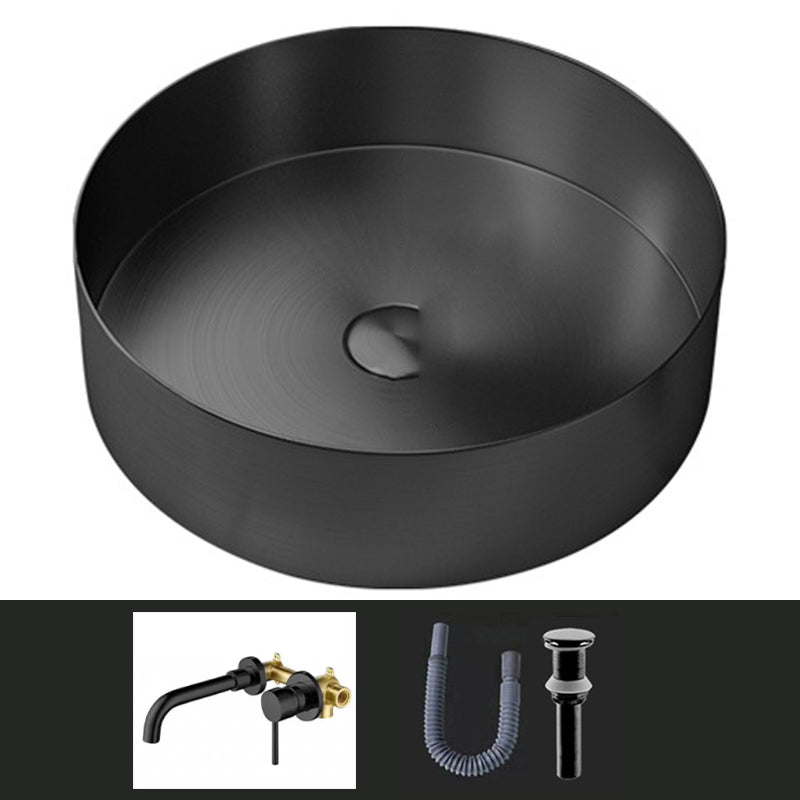 Modern Vessel Sink Round Metal with Faucet and Pop-Up Drain Vessel Lavatory Sink Black Dual Hole Wall-Mounted Faucet Sink with Faucet Clearhalo 'Bathroom Remodel & Bathroom Fixtures' 'Bathroom Sinks & Faucet Components' 'Bathroom Sinks' 'bathroom_sink' 'Home Improvement' 'home_improvement' 'home_improvement_bathroom_sink' 6952380
