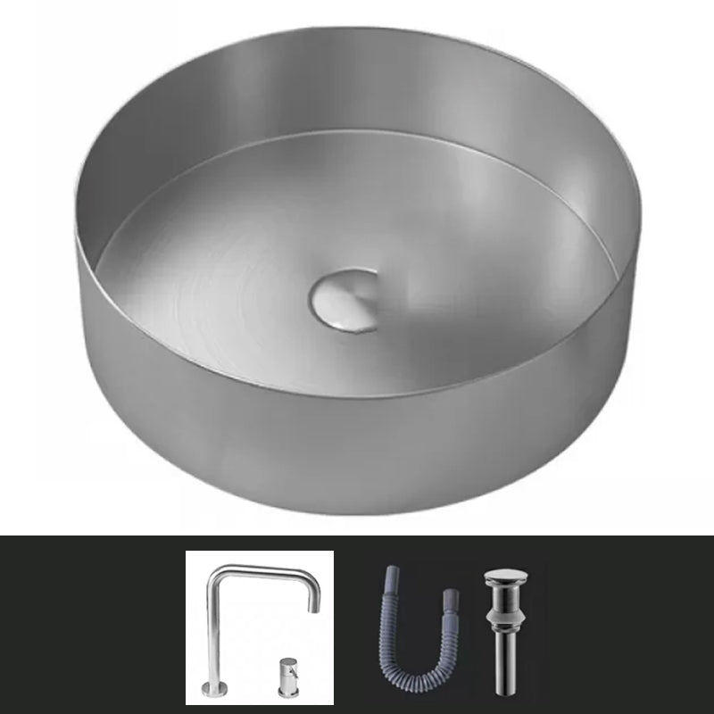Modern Vessel Sink Round Metal with Faucet and Pop-Up Drain Vessel Lavatory Sink Silver Double Holes Sink with Faucet Clearhalo 'Bathroom Remodel & Bathroom Fixtures' 'Bathroom Sinks & Faucet Components' 'Bathroom Sinks' 'bathroom_sink' 'Home Improvement' 'home_improvement' 'home_improvement_bathroom_sink' 6952391