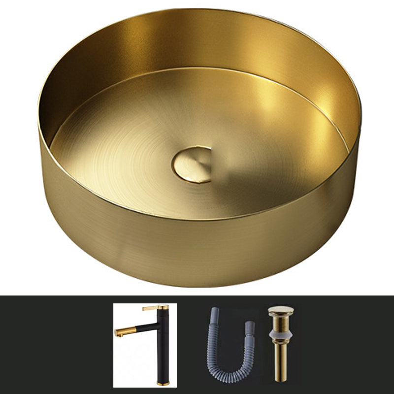 Modern Vessel Sink Round Metal with Faucet and Pop-Up Drain Vessel Lavatory Sink Gold Pulling Sink with Faucet Clearhalo 'Bathroom Remodel & Bathroom Fixtures' 'Bathroom Sinks & Faucet Components' 'Bathroom Sinks' 'bathroom_sink' 'Home Improvement' 'home_improvement' 'home_improvement_bathroom_sink' 6952397
