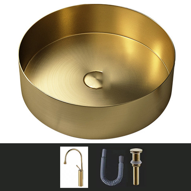 Modern Vessel Sink Round Metal with Faucet and Pop-Up Drain Vessel Lavatory Sink Gold Gooseneck Sink with Faucet Clearhalo 'Bathroom Remodel & Bathroom Fixtures' 'Bathroom Sinks & Faucet Components' 'Bathroom Sinks' 'bathroom_sink' 'Home Improvement' 'home_improvement' 'home_improvement_bathroom_sink' 6952398