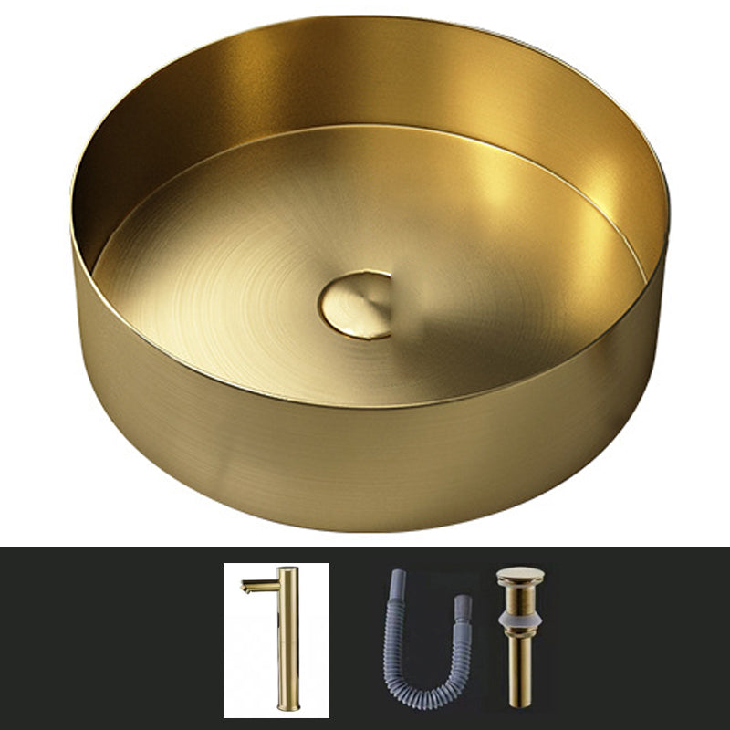 Modern Vessel Sink Round Metal with Faucet and Pop-Up Drain Vessel Lavatory Sink Gold Round Faucet Sink with Faucet Clearhalo 'Bathroom Remodel & Bathroom Fixtures' 'Bathroom Sinks & Faucet Components' 'Bathroom Sinks' 'bathroom_sink' 'Home Improvement' 'home_improvement' 'home_improvement_bathroom_sink' 6952400