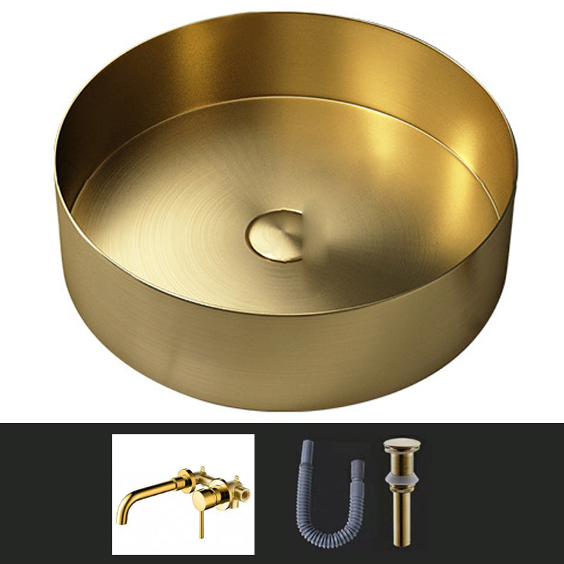Modern Vessel Sink Round Metal with Faucet and Pop-Up Drain Vessel Lavatory Sink Gold Dual Hole Wall-Mounted Faucet Sink with Faucet Clearhalo 'Bathroom Remodel & Bathroom Fixtures' 'Bathroom Sinks & Faucet Components' 'Bathroom Sinks' 'bathroom_sink' 'Home Improvement' 'home_improvement' 'home_improvement_bathroom_sink' 6952401