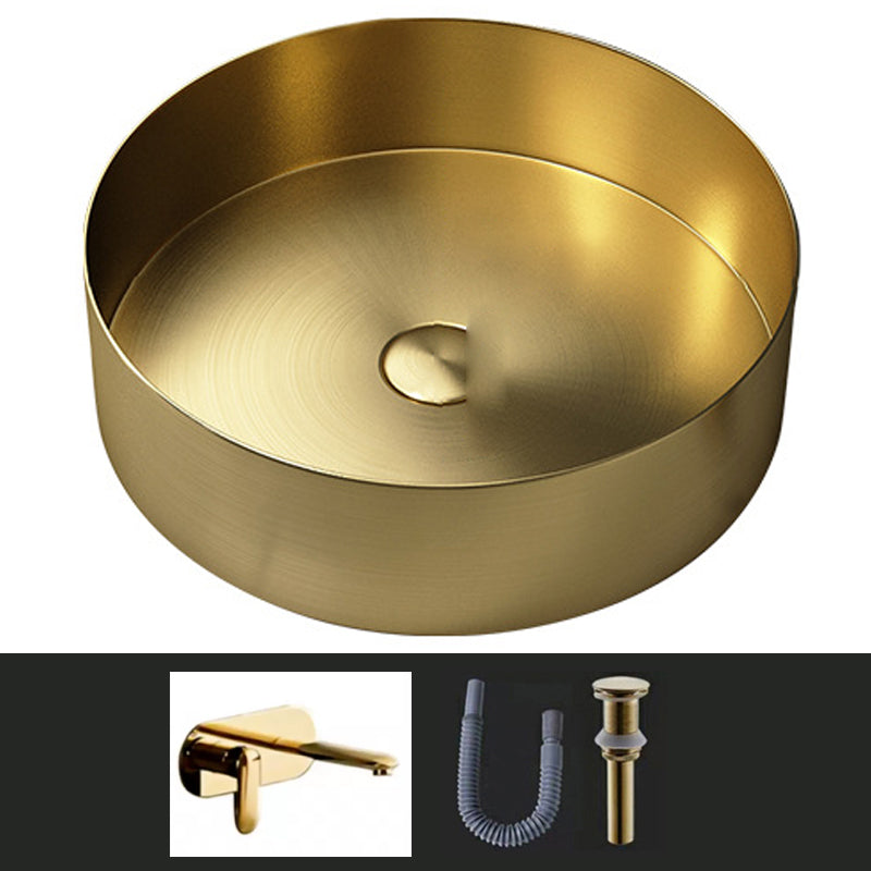 Modern Vessel Sink Round Metal with Faucet and Pop-Up Drain Vessel Lavatory Sink Gold Wall Mounted Faucet Sink with Faucet Clearhalo 'Bathroom Remodel & Bathroom Fixtures' 'Bathroom Sinks & Faucet Components' 'Bathroom Sinks' 'bathroom_sink' 'Home Improvement' 'home_improvement' 'home_improvement_bathroom_sink' 6952403