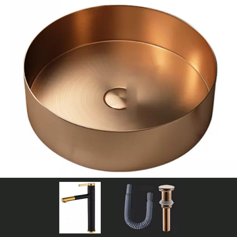 Modern Vessel Sink Round Metal with Faucet and Pop-Up Drain Vessel Lavatory Sink Rose Gold Pulling Sink with Faucet Clearhalo 'Bathroom Remodel & Bathroom Fixtures' 'Bathroom Sinks & Faucet Components' 'Bathroom Sinks' 'bathroom_sink' 'Home Improvement' 'home_improvement' 'home_improvement_bathroom_sink' 6952405