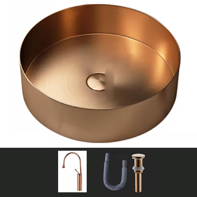 Modern Vessel Sink Round Metal with Faucet and Pop-Up Drain Vessel Lavatory Sink Rose Gold Gooseneck Sink with Faucet Clearhalo 'Bathroom Remodel & Bathroom Fixtures' 'Bathroom Sinks & Faucet Components' 'Bathroom Sinks' 'bathroom_sink' 'Home Improvement' 'home_improvement' 'home_improvement_bathroom_sink' 6952406