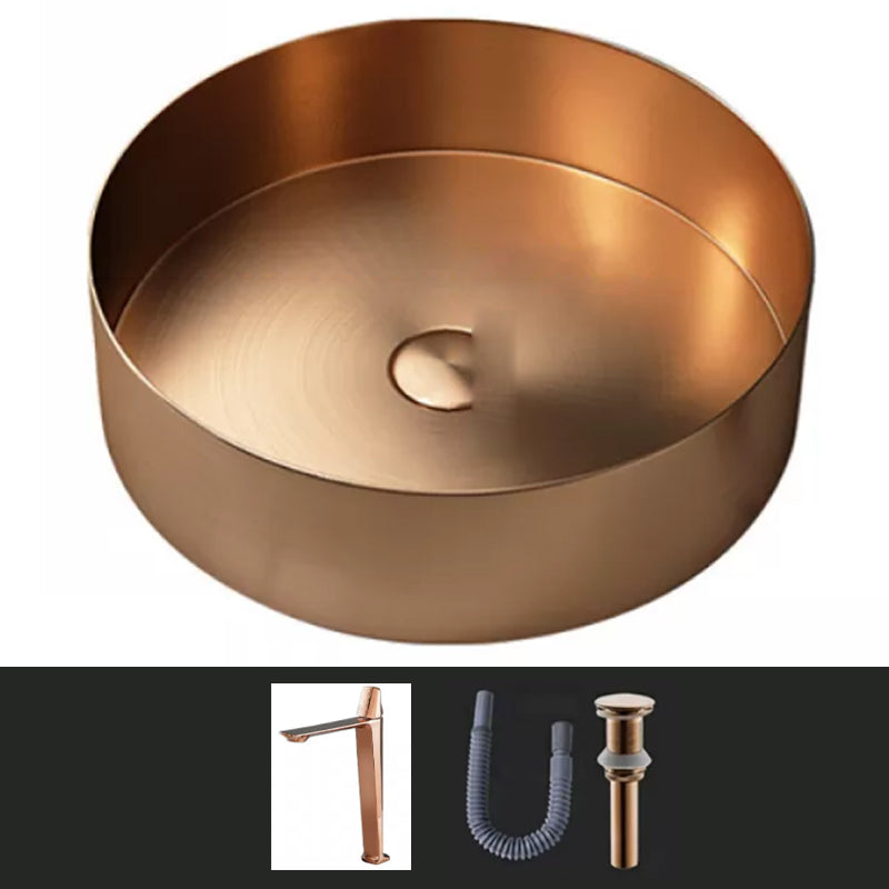 Modern Vessel Sink Round Metal with Faucet and Pop-Up Drain Vessel Lavatory Sink Rose Gold 7 Shape Sink with Faucet Clearhalo 'Bathroom Remodel & Bathroom Fixtures' 'Bathroom Sinks & Faucet Components' 'Bathroom Sinks' 'bathroom_sink' 'Home Improvement' 'home_improvement' 'home_improvement_bathroom_sink' 6952407