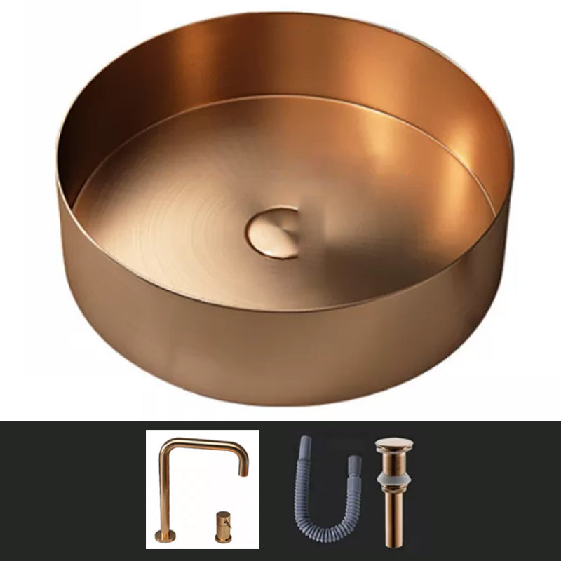 Modern Vessel Sink Round Metal with Faucet and Pop-Up Drain Vessel Lavatory Sink Rose Gold Double Holes Sink with Faucet Clearhalo 'Bathroom Remodel & Bathroom Fixtures' 'Bathroom Sinks & Faucet Components' 'Bathroom Sinks' 'bathroom_sink' 'Home Improvement' 'home_improvement' 'home_improvement_bathroom_sink' 6952408