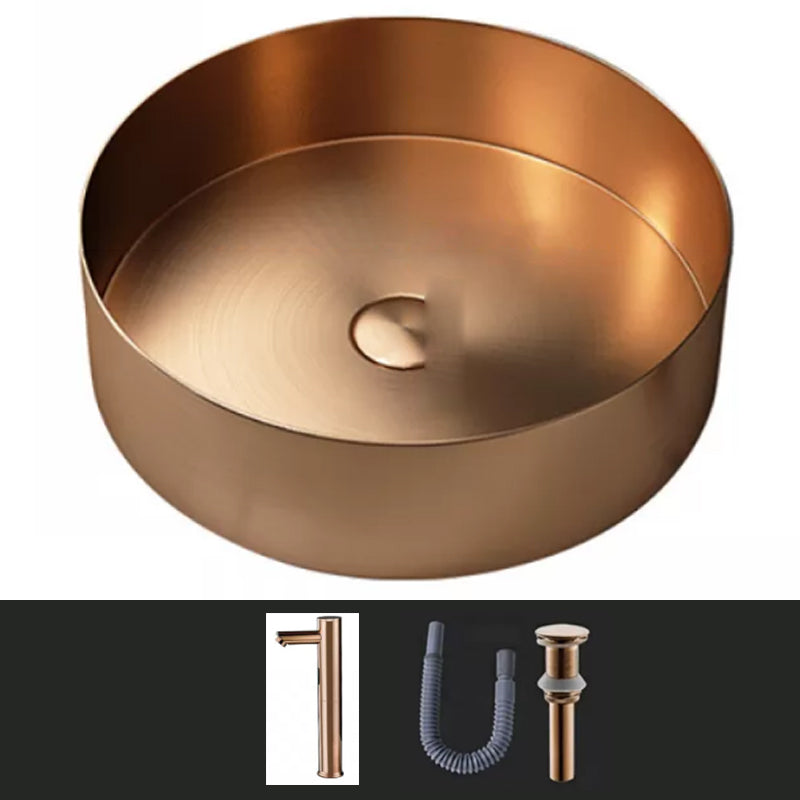Modern Vessel Sink Round Metal with Faucet and Pop-Up Drain Vessel Lavatory Sink Rose Gold Round Faucet Sink with Faucet Clearhalo 'Bathroom Remodel & Bathroom Fixtures' 'Bathroom Sinks & Faucet Components' 'Bathroom Sinks' 'bathroom_sink' 'Home Improvement' 'home_improvement' 'home_improvement_bathroom_sink' 6952409