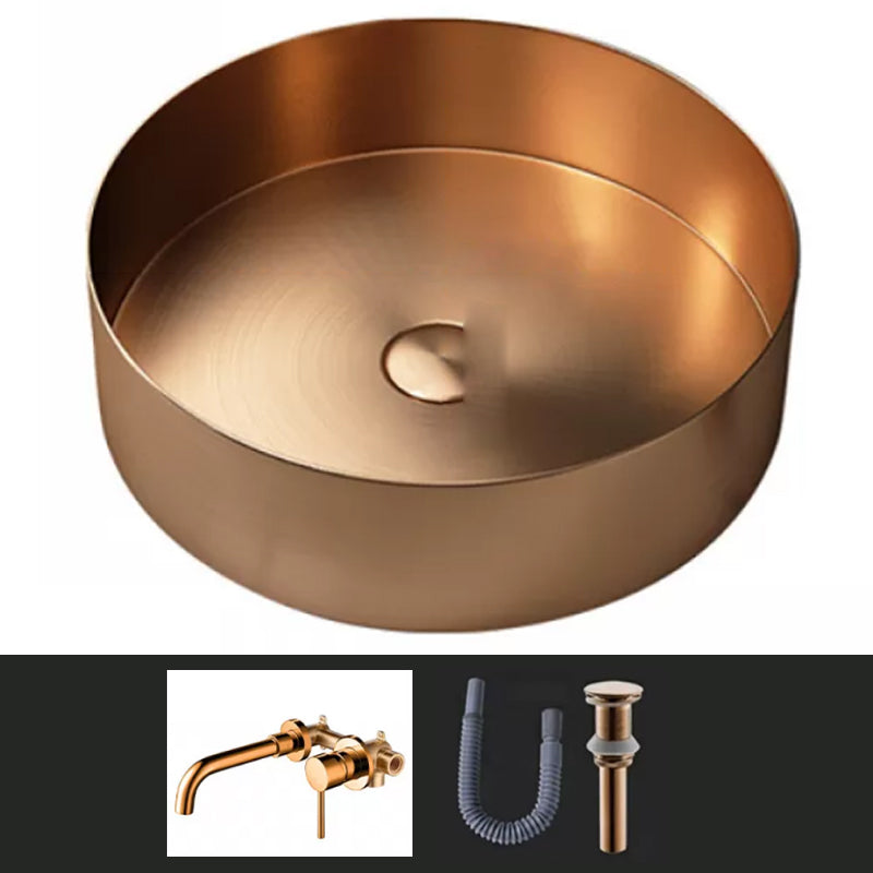 Modern Vessel Sink Round Metal with Faucet and Pop-Up Drain Vessel Lavatory Sink Rose Gold Dual Hole Wall-Mounted Faucet Sink with Faucet Clearhalo 'Bathroom Remodel & Bathroom Fixtures' 'Bathroom Sinks & Faucet Components' 'Bathroom Sinks' 'bathroom_sink' 'Home Improvement' 'home_improvement' 'home_improvement_bathroom_sink' 6952410