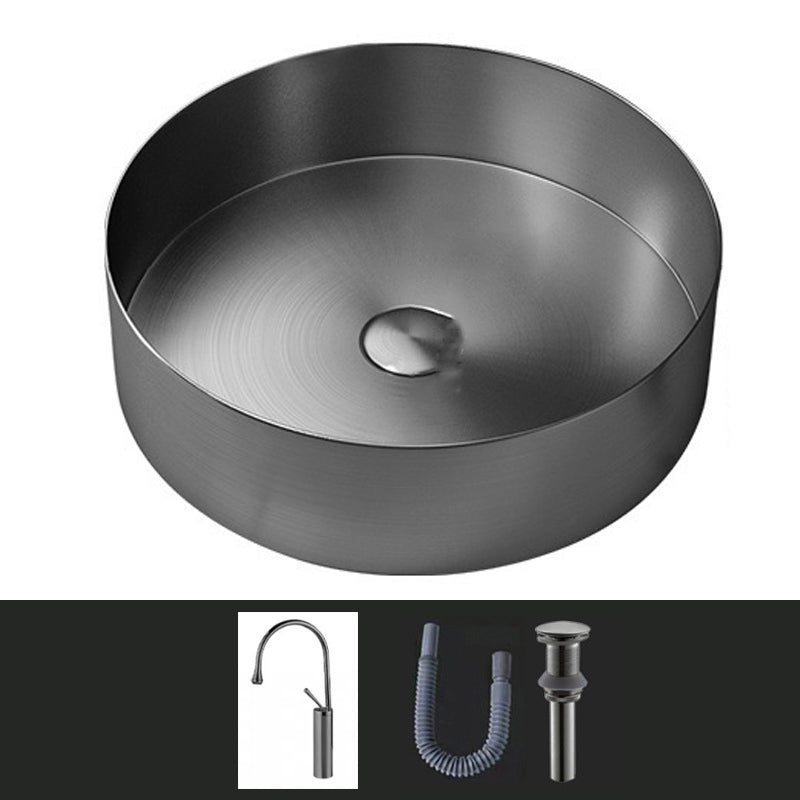Modern Vessel Sink Round Metal with Faucet and Pop-Up Drain Vessel Lavatory Sink Gun Grey Gooseneck Sink with Faucet Clearhalo 'Bathroom Remodel & Bathroom Fixtures' 'Bathroom Sinks & Faucet Components' 'Bathroom Sinks' 'bathroom_sink' 'Home Improvement' 'home_improvement' 'home_improvement_bathroom_sink' 6952415
