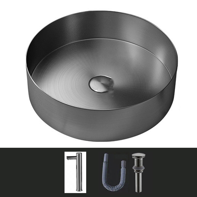 Modern Vessel Sink Round Metal with Faucet and Pop-Up Drain Vessel Lavatory Sink Gun Grey Round Faucet Sink with Faucet Clearhalo 'Bathroom Remodel & Bathroom Fixtures' 'Bathroom Sinks & Faucet Components' 'Bathroom Sinks' 'bathroom_sink' 'Home Improvement' 'home_improvement' 'home_improvement_bathroom_sink' 6952418