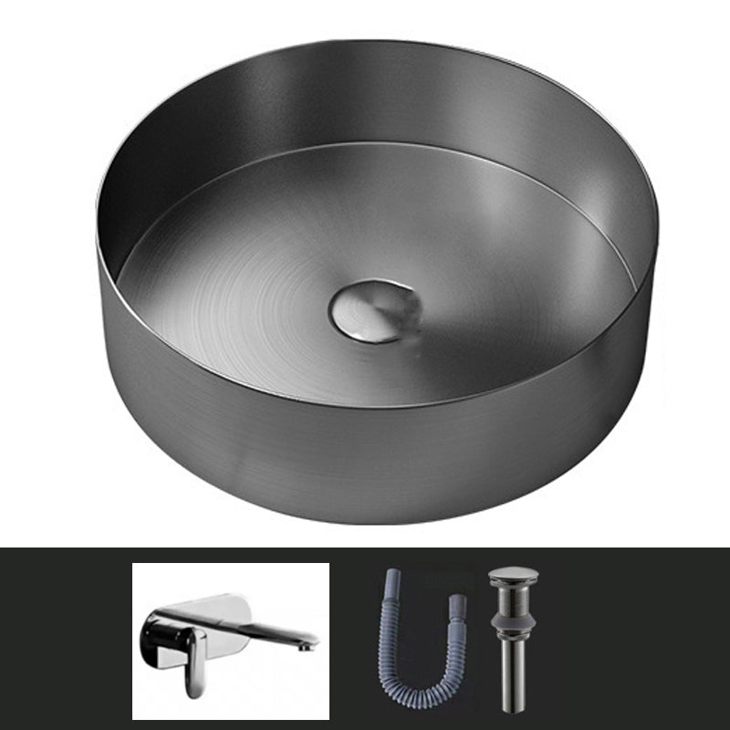 Modern Vessel Sink Round Metal with Faucet and Pop-Up Drain Vessel Lavatory Sink Gun Grey Wall Mounted Faucet Sink with Faucet Clearhalo 'Bathroom Remodel & Bathroom Fixtures' 'Bathroom Sinks & Faucet Components' 'Bathroom Sinks' 'bathroom_sink' 'Home Improvement' 'home_improvement' 'home_improvement_bathroom_sink' 6952421