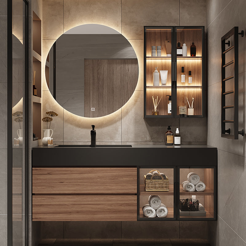 Waterproof Vanity Single Sink Drawers Wood Frame Wall-Mounted Vanity with Mirror Clearhalo 'Bathroom Remodel & Bathroom Fixtures' 'Bathroom Vanities' 'bathroom_vanities' 'Home Improvement' 'home_improvement' 'home_improvement_bathroom_vanities' 6952605