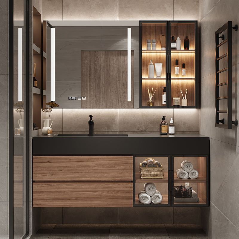 Waterproof Vanity Single Sink Drawers Wood Frame Wall-Mounted Vanity with Mirror Clearhalo 'Bathroom Remodel & Bathroom Fixtures' 'Bathroom Vanities' 'bathroom_vanities' 'Home Improvement' 'home_improvement' 'home_improvement_bathroom_vanities' 6952607
