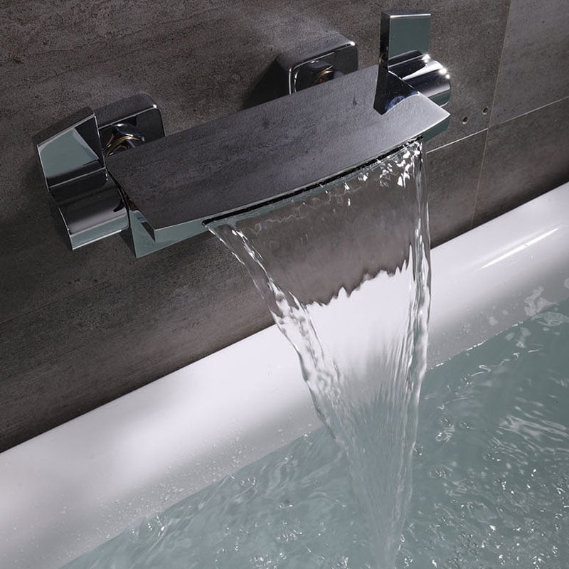 Contemporary Wall Mounted Metal Tub Filler Two Handles Waterfall Tub Faucet Trim Clearhalo 'Bathroom Remodel & Bathroom Fixtures' 'Bathtub Faucets' 'bathtub_faucets' 'Home Improvement' 'home_improvement' 'home_improvement_bathtub_faucets' 6952731