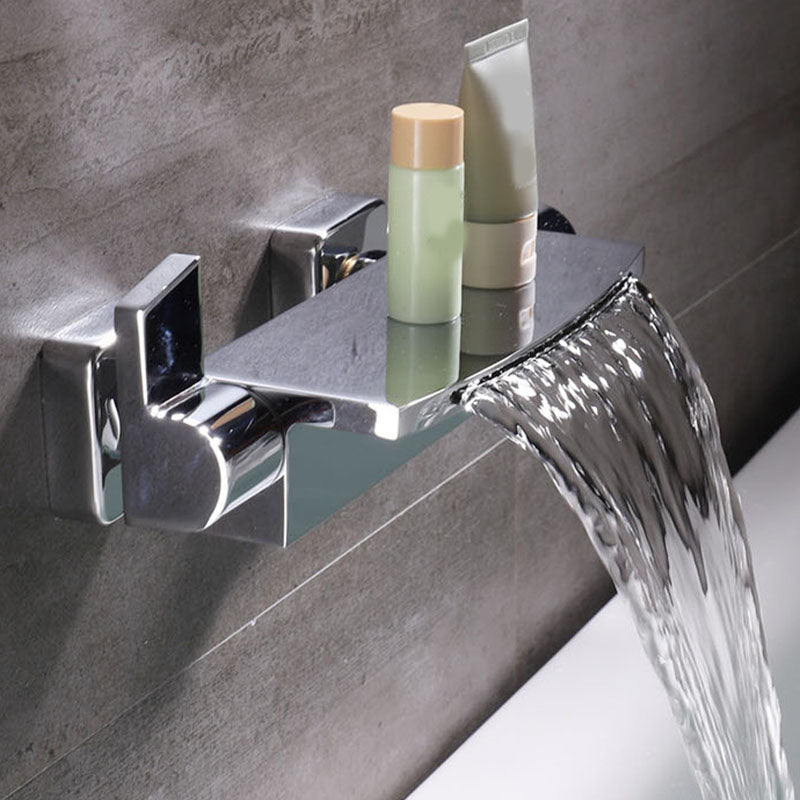 Contemporary Wall Mounted Metal Tub Filler Two Handles Waterfall Tub Faucet Trim Clearhalo 'Bathroom Remodel & Bathroom Fixtures' 'Bathtub Faucets' 'bathtub_faucets' 'Home Improvement' 'home_improvement' 'home_improvement_bathtub_faucets' 6952738