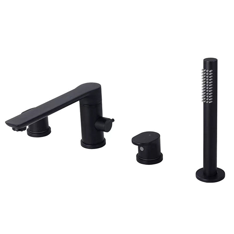 Deck Mounted Tub Filler Copper Lever Handle Low Arc Handshower Tub Filler Black Straight 4 Hole Faucets Clearhalo 'Bathroom Remodel & Bathroom Fixtures' 'Bathtub Faucets' 'bathtub_faucets' 'Home Improvement' 'home_improvement' 'home_improvement_bathtub_faucets' 6952776