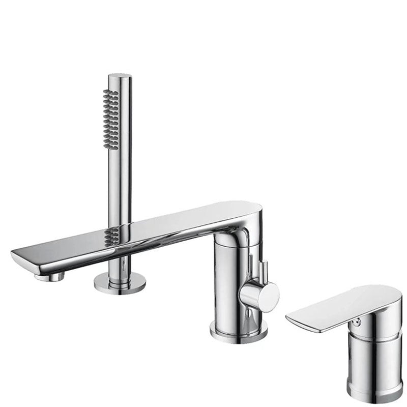 Deck Mounted Tub Filler Copper Lever Handle Low Arc Handshower Tub Filler Chrome Straight 3 Hole Faucets Clearhalo 'Bathroom Remodel & Bathroom Fixtures' 'Bathtub Faucets' 'bathtub_faucets' 'Home Improvement' 'home_improvement' 'home_improvement_bathtub_faucets' 6952779