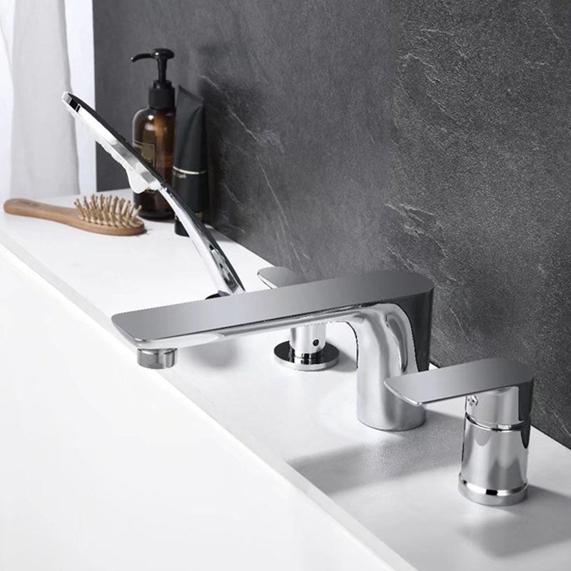 Deck Mounted Tub Filler Copper Lever Handle Low Arc Handshower Tub Filler Chrome Curved 4 Hole Faucets Clearhalo 'Bathroom Remodel & Bathroom Fixtures' 'Bathtub Faucets' 'bathtub_faucets' 'Home Improvement' 'home_improvement' 'home_improvement_bathtub_faucets' 6952780
