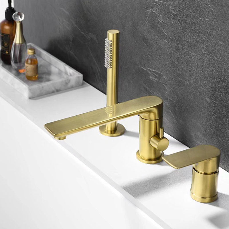 Deck Mounted Tub Filler Copper Lever Handle Low Arc Handshower Tub Filler Gold Straight 3 Hole Faucets Clearhalo 'Bathroom Remodel & Bathroom Fixtures' 'Bathtub Faucets' 'bathtub_faucets' 'Home Improvement' 'home_improvement' 'home_improvement_bathtub_faucets' 6952781