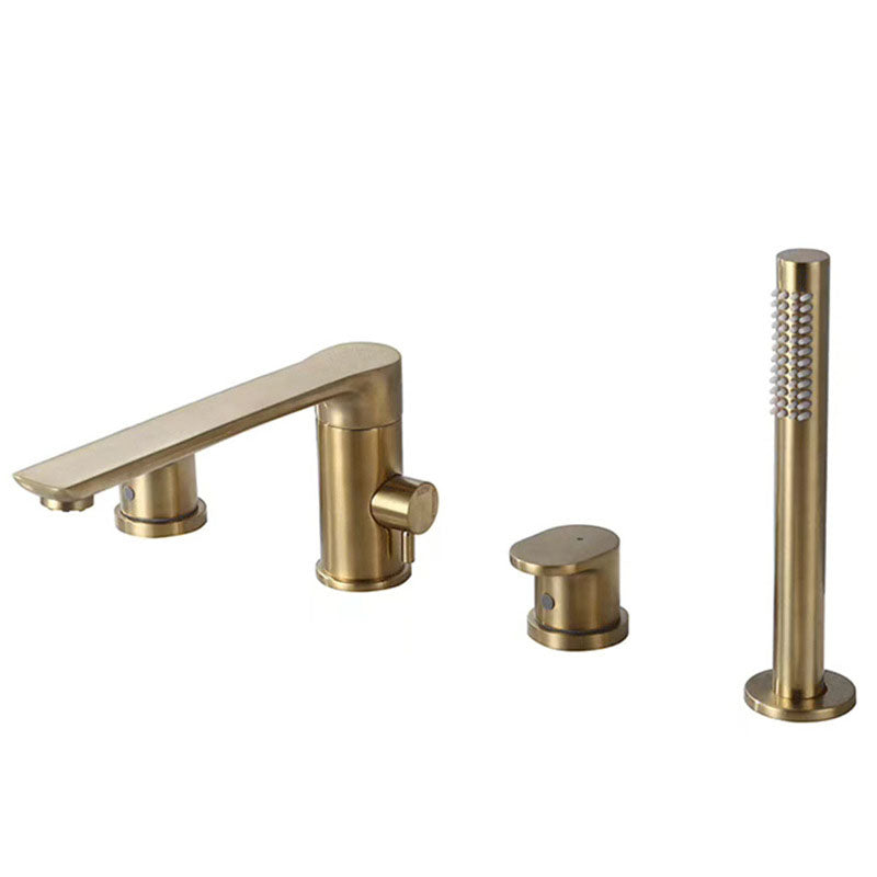 Deck Mounted Tub Filler Copper Lever Handle Low Arc Handshower Tub Filler Gold Straight 4 Hole Faucets Clearhalo 'Bathroom Remodel & Bathroom Fixtures' 'Bathtub Faucets' 'bathtub_faucets' 'Home Improvement' 'home_improvement' 'home_improvement_bathtub_faucets' 6952782