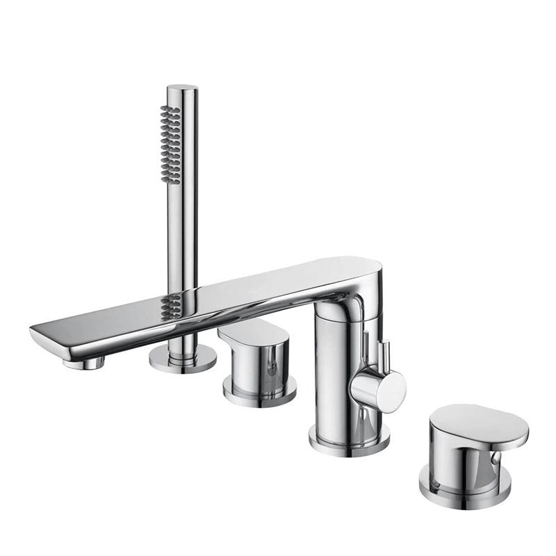 Deck Mounted Tub Filler Copper Lever Handle Low Arc Handshower Tub Filler Chrome Straight 4 Hole Faucets Clearhalo 'Bathroom Remodel & Bathroom Fixtures' 'Bathtub Faucets' 'bathtub_faucets' 'Home Improvement' 'home_improvement' 'home_improvement_bathtub_faucets' 6952783