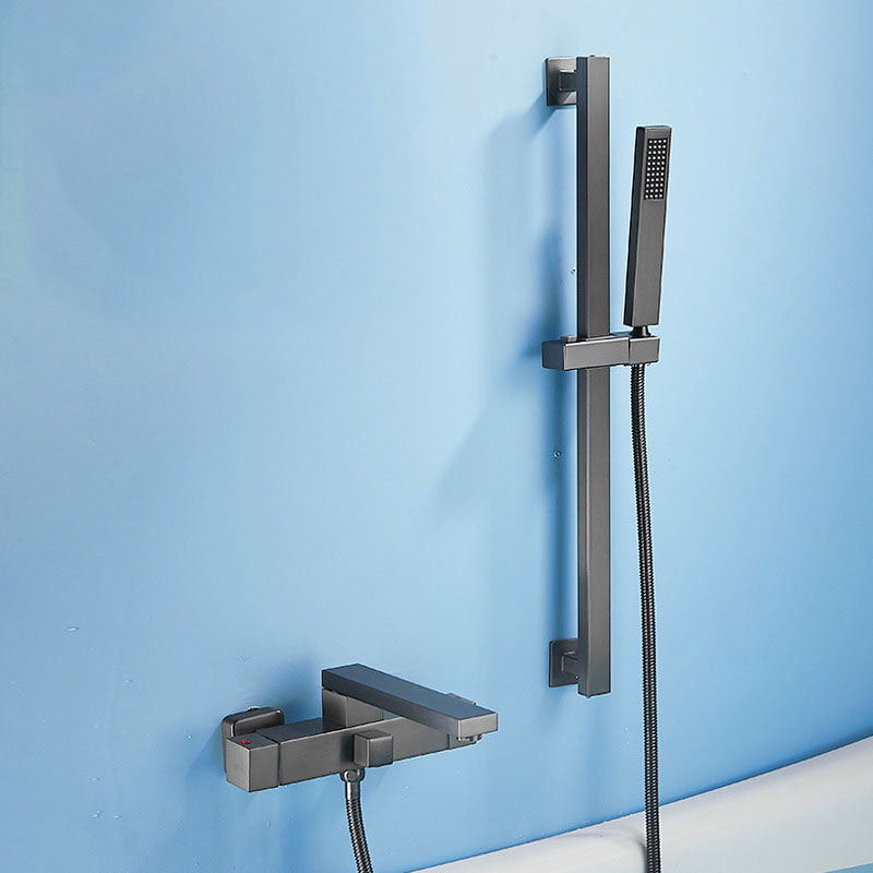 Wall Mounted MetalTub Filler Double Handles Wall Mounted Faucet Grey Tube Risers Included Clearhalo 'Bathroom Remodel & Bathroom Fixtures' 'Bathtub Faucets' 'bathtub_faucets' 'Home Improvement' 'home_improvement' 'home_improvement_bathtub_faucets' 6952819