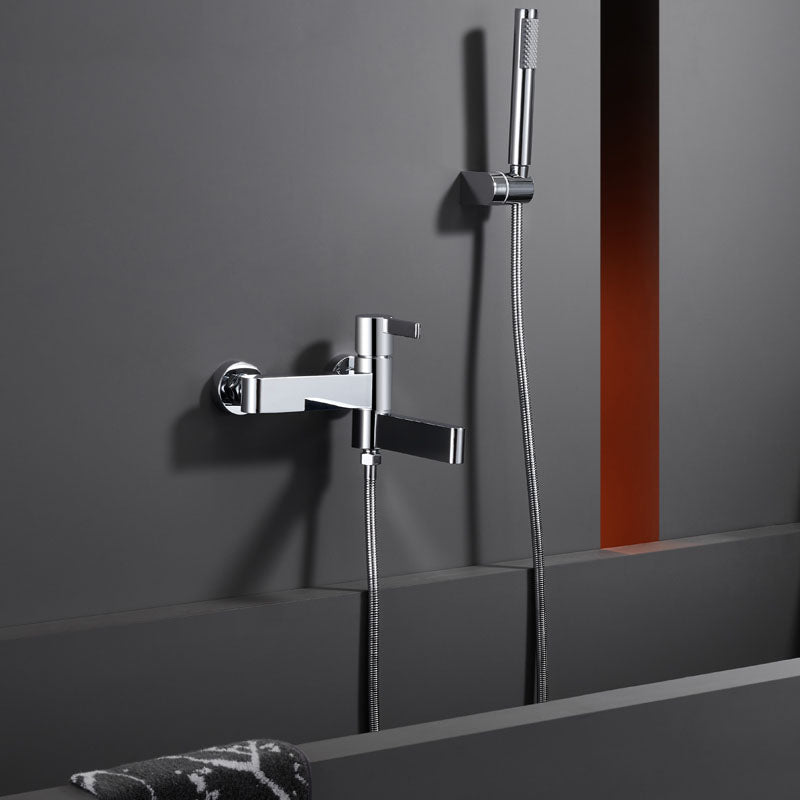 Contemporary Chrome Bath Faucet Trim Swivel Wall Mounted with Hand Shower Clearhalo 'Bathroom Remodel & Bathroom Fixtures' 'Bathtub Faucets' 'bathtub_faucets' 'Home Improvement' 'home_improvement' 'home_improvement_bathtub_faucets' 6952832