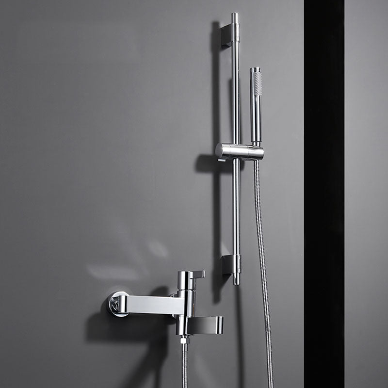 Contemporary Chrome Bath Faucet Trim Swivel Wall Mounted with Hand Shower Risers Included Clearhalo 'Bathroom Remodel & Bathroom Fixtures' 'Bathtub Faucets' 'bathtub_faucets' 'Home Improvement' 'home_improvement' 'home_improvement_bathtub_faucets' 6952833