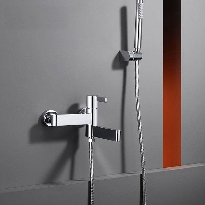 Contemporary Chrome Bath Faucet Trim Swivel Wall Mounted with Hand Shower Risers Not Included Clearhalo 'Bathroom Remodel & Bathroom Fixtures' 'Bathtub Faucets' 'bathtub_faucets' 'Home Improvement' 'home_improvement' 'home_improvement_bathtub_faucets' 6952834