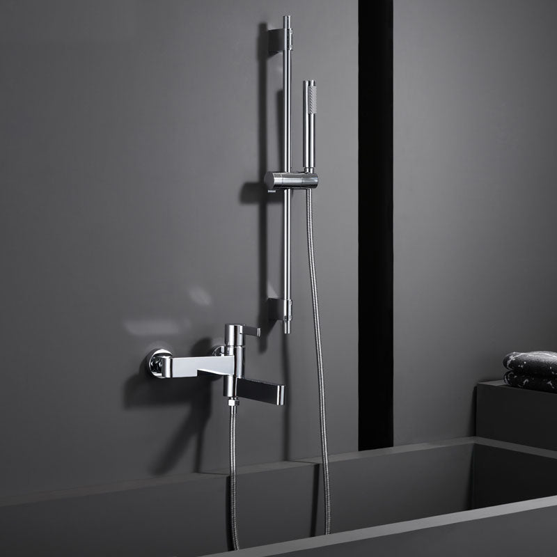 Contemporary Chrome Bath Faucet Trim Swivel Wall Mounted with Hand Shower Clearhalo 'Bathroom Remodel & Bathroom Fixtures' 'Bathtub Faucets' 'bathtub_faucets' 'Home Improvement' 'home_improvement' 'home_improvement_bathtub_faucets' 6952835