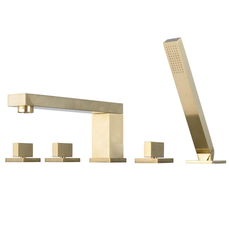 Modern Swivel Roman Tub Faucet Set Deck Mounted with Handheld Shower Gold 5 Hole Faucets Clearhalo 'Bathroom Remodel & Bathroom Fixtures' 'Bathtub Faucets' 'bathtub_faucets' 'Home Improvement' 'home_improvement' 'home_improvement_bathtub_faucets' 6952860
