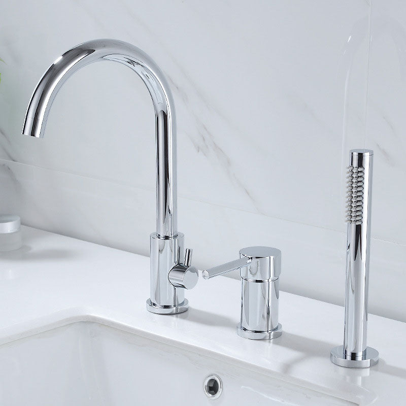 Industrial Roman Tub Faucet Trim High Arc Deck Mount Copper Bathtub Faucet Chrome 3 Hole Faucets Hand Shower Included Clearhalo 'Bathroom Remodel & Bathroom Fixtures' 'Bathtub Faucets' 'bathtub_faucets' 'Home Improvement' 'home_improvement' 'home_improvement_bathtub_faucets' 6952882