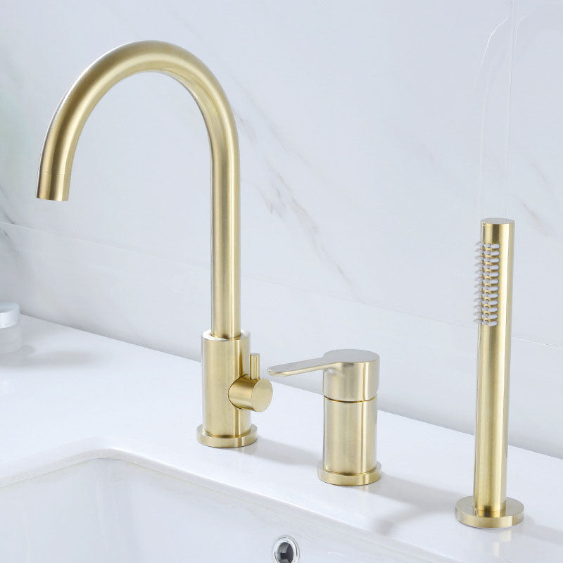 Industrial Roman Tub Faucet Trim High Arc Deck Mount Copper Bathtub Faucet Gold 3 Hole Faucets Hand Shower Included Clearhalo 'Bathroom Remodel & Bathroom Fixtures' 'Bathtub Faucets' 'bathtub_faucets' 'Home Improvement' 'home_improvement' 'home_improvement_bathtub_faucets' 6952883