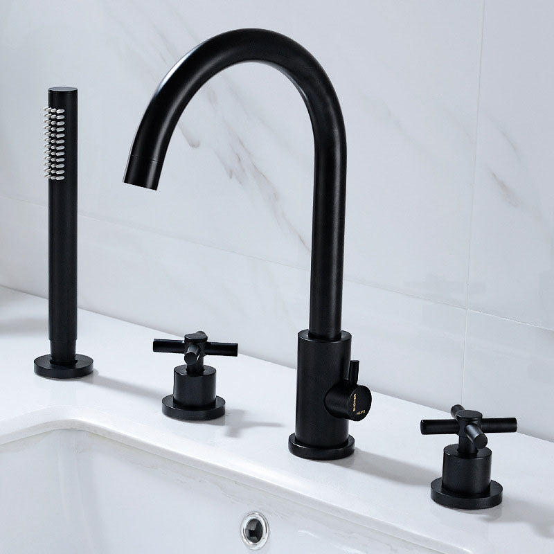 Industrial Roman Tub Faucet Trim High Arc Deck Mount Copper Bathtub Faucet Black 4 Hole Faucets Hand Shower Included Clearhalo 'Bathroom Remodel & Bathroom Fixtures' 'Bathtub Faucets' 'bathtub_faucets' 'Home Improvement' 'home_improvement' 'home_improvement_bathtub_faucets' 6952884
