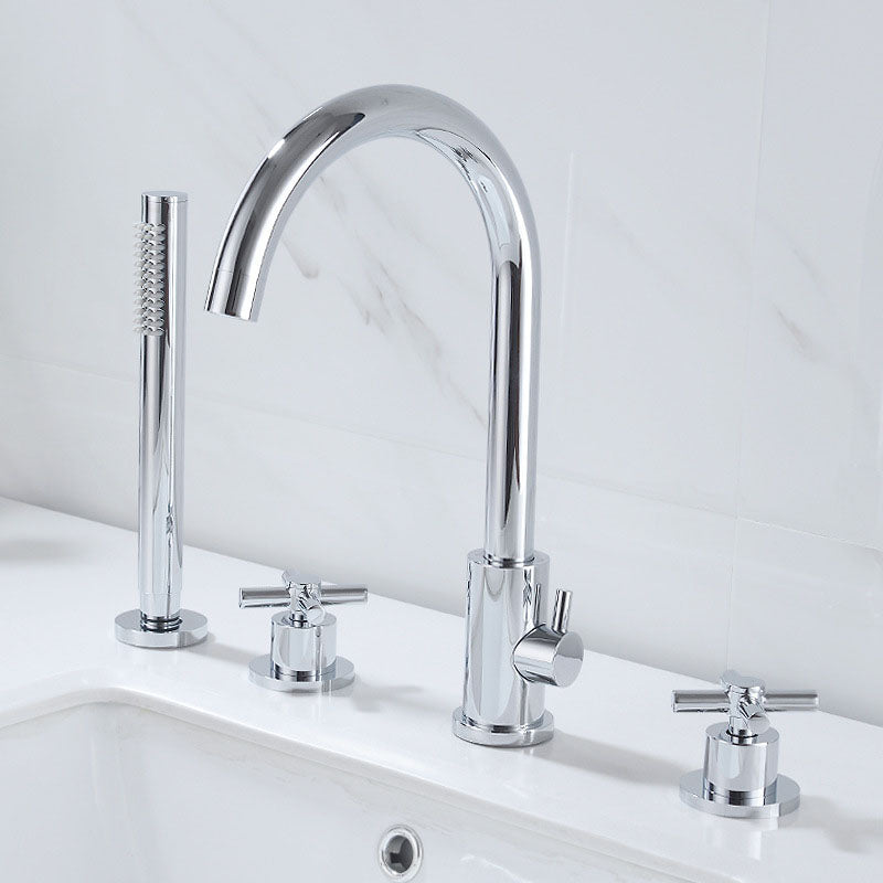 Industrial Roman Tub Faucet Trim High Arc Deck Mount Copper Bathtub Faucet Chrome 4 Hole Faucets Hand Shower Included Clearhalo 'Bathroom Remodel & Bathroom Fixtures' 'Bathtub Faucets' 'bathtub_faucets' 'Home Improvement' 'home_improvement' 'home_improvement_bathtub_faucets' 6952885
