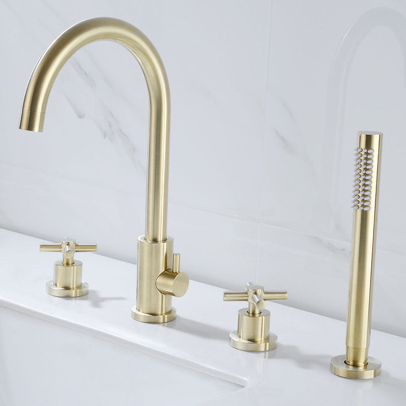 Industrial Roman Tub Faucet Trim High Arc Deck Mount Copper Bathtub Faucet Gold 4 Hole Faucets Hand Shower Included Clearhalo 'Bathroom Remodel & Bathroom Fixtures' 'Bathtub Faucets' 'bathtub_faucets' 'Home Improvement' 'home_improvement' 'home_improvement_bathtub_faucets' 6952886