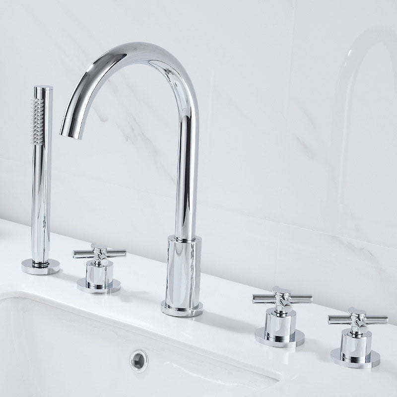 Industrial Roman Tub Faucet Trim High Arc Deck Mount Copper Bathtub Faucet Chrome 5 Hole Faucets Hand Shower Included Clearhalo 'Bathroom Remodel & Bathroom Fixtures' 'Bathtub Faucets' 'bathtub_faucets' 'Home Improvement' 'home_improvement' 'home_improvement_bathtub_faucets' 6952888