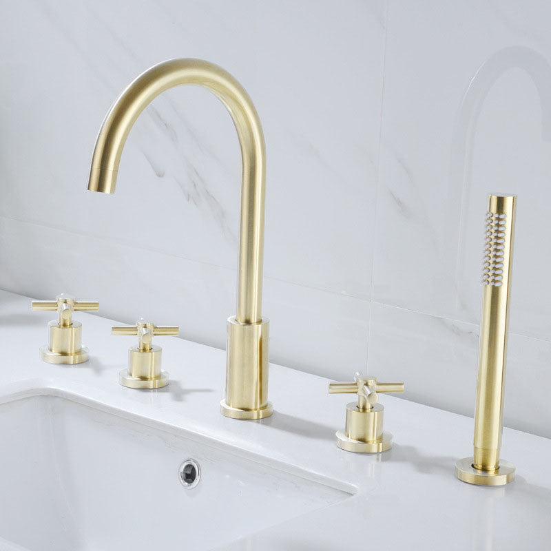 Industrial Roman Tub Faucet Trim High Arc Deck Mount Copper Bathtub Faucet Gold 5 Hole Faucets Hand Shower Included Clearhalo 'Bathroom Remodel & Bathroom Fixtures' 'Bathtub Faucets' 'bathtub_faucets' 'Home Improvement' 'home_improvement' 'home_improvement_bathtub_faucets' 6952889