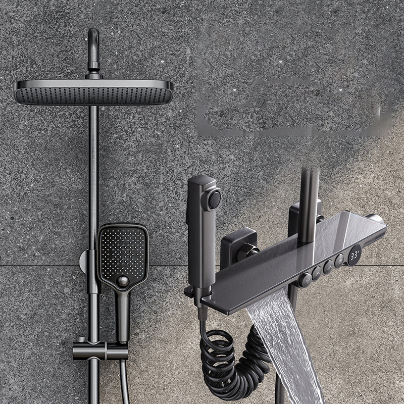 Wall Mounted Shower System Modern Handheld Shower Head Raining Jet Shower System Grey Thermostatic Digital Display Included Clearhalo 'Bathroom Remodel & Bathroom Fixtures' 'Home Improvement' 'home_improvement' 'home_improvement_shower_faucets' 'Shower Faucets & Systems' 'shower_faucets' 'Showers & Bathtubs Plumbing' 'Showers & Bathtubs' 6952971