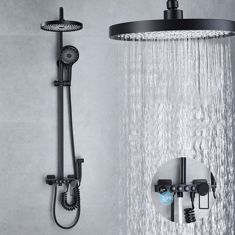Wall Mounted Shower System Modern Handheld Shower Head Raining Jet Shower System Black Temperature Control Digital Display Included Clearhalo 'Bathroom Remodel & Bathroom Fixtures' 'Home Improvement' 'home_improvement' 'home_improvement_shower_faucets' 'Shower Faucets & Systems' 'shower_faucets' 'Showers & Bathtubs Plumbing' 'Showers & Bathtubs' 6952976