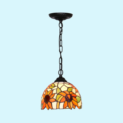 1 Head Living Room Ceiling Light Tiffany Black/Blue Suspended Lighting Fixture with Dome Stained Glass Shade Clearhalo 'Ceiling Lights' 'Industrial' 'Middle Century Pendants' 'Pendant Lights' 'Pendants' 'Tiffany close to ceiling' 'Tiffany Pendants' 'Tiffany' Lighting' 69534