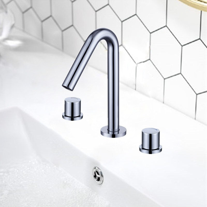 Glam Brass Widespread Bathroom Faucet 3 Hole Circular Vanity Faucet Chrome V Shape Clearhalo 'Bathroom Remodel & Bathroom Fixtures' 'Bathroom Sink Faucets' 'Bathroom Sinks & Faucet Components' 'bathroom_sink_faucets' 'Home Improvement' 'home_improvement' 'home_improvement_bathroom_sink_faucets' 6957352