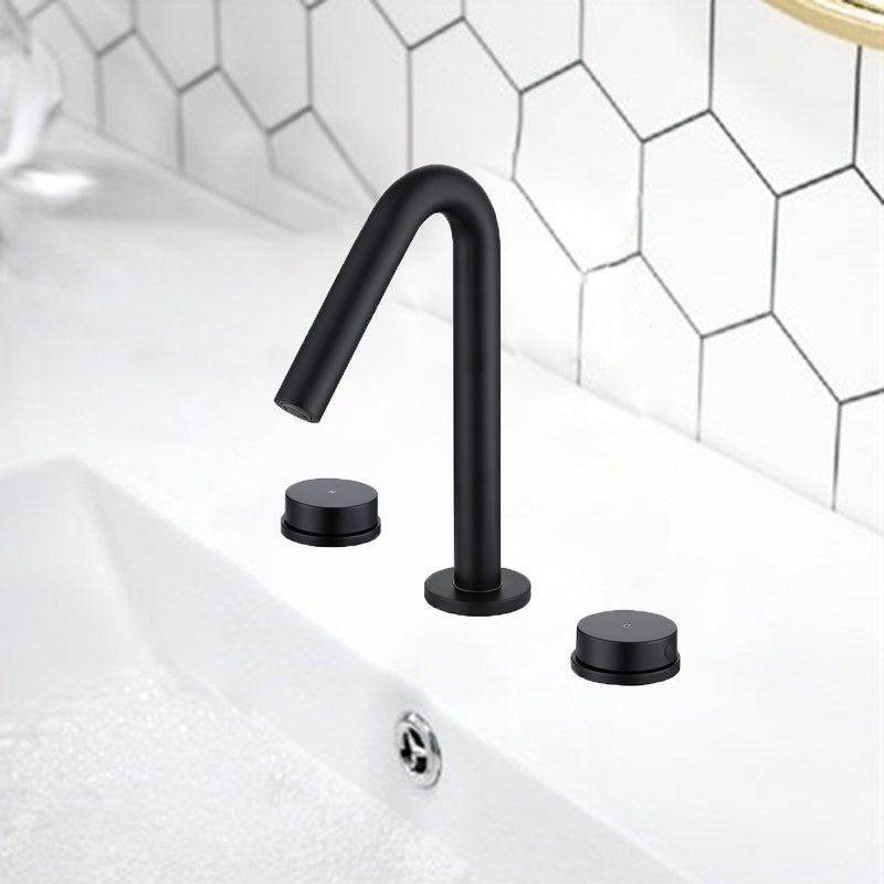 Glam Brass Widespread Bathroom Faucet 3 Hole Circular Vanity Faucet Black V Shape Clearhalo 'Bathroom Remodel & Bathroom Fixtures' 'Bathroom Sink Faucets' 'Bathroom Sinks & Faucet Components' 'bathroom_sink_faucets' 'Home Improvement' 'home_improvement' 'home_improvement_bathroom_sink_faucets' 6957356