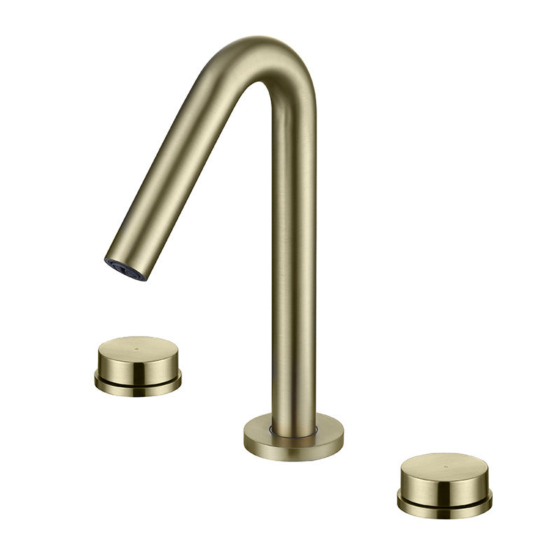 Glam Brass Widespread Bathroom Faucet 3 Hole Circular Vanity Faucet Gold V Shape Clearhalo 'Bathroom Remodel & Bathroom Fixtures' 'Bathroom Sink Faucets' 'Bathroom Sinks & Faucet Components' 'bathroom_sink_faucets' 'Home Improvement' 'home_improvement' 'home_improvement_bathroom_sink_faucets' 6957358