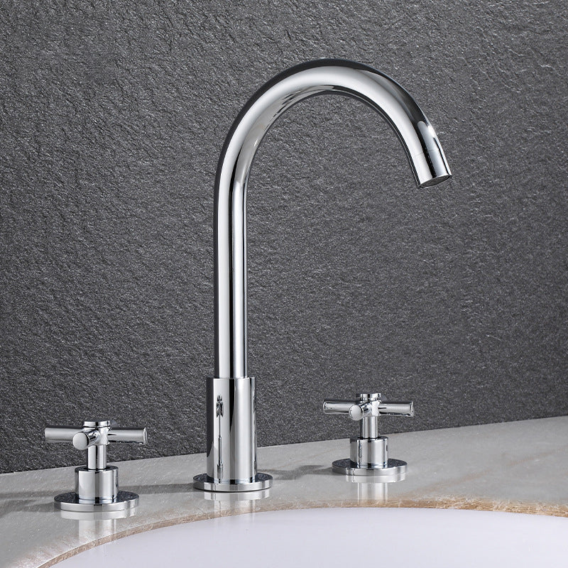 Goose Neck Bathroom Basin Faucet 2 Handle Hot and Cold Water Sink Faucet with Drain Silver Clearhalo 'Bathroom Remodel & Bathroom Fixtures' 'Bathroom Sink Faucets' 'Bathroom Sinks & Faucet Components' 'bathroom_sink_faucets' 'Home Improvement' 'home_improvement' 'home_improvement_bathroom_sink_faucets' 6957389