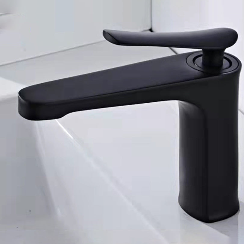 1 Handle Full Copper Bathroom Sink Faucet Nordic Modern Vanity Faucet with Drain Black 7" Clearhalo 'Bathroom Remodel & Bathroom Fixtures' 'Bathroom Sink Faucets' 'Bathroom Sinks & Faucet Components' 'bathroom_sink_faucets' 'Home Improvement' 'home_improvement' 'home_improvement_bathroom_sink_faucets' 6957417