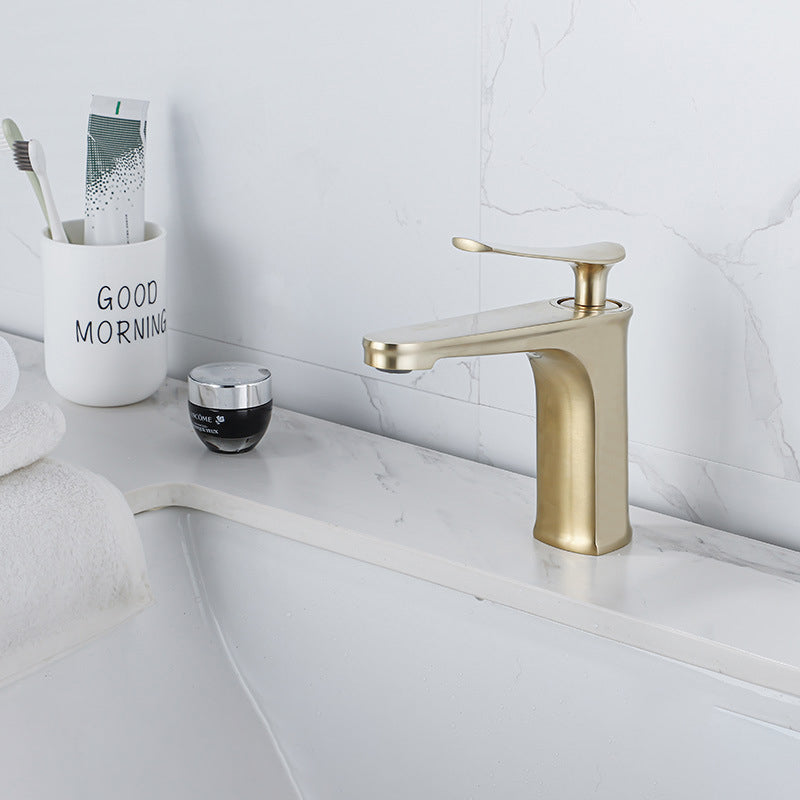 1 Handle Full Copper Bathroom Sink Faucet Nordic Modern Vanity Faucet with Drain Light Gold 7" Clearhalo 'Bathroom Remodel & Bathroom Fixtures' 'Bathroom Sink Faucets' 'Bathroom Sinks & Faucet Components' 'bathroom_sink_faucets' 'Home Improvement' 'home_improvement' 'home_improvement_bathroom_sink_faucets' 6957423